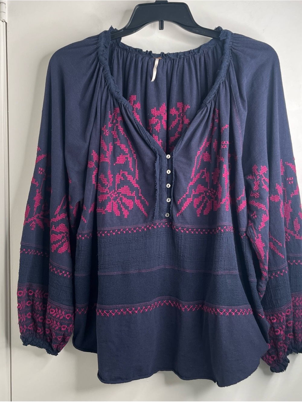 Free People Persuasion Embroidered Tunic Blue Magenta Med Balloon Sleeve Boho